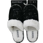 Wholesale - S-XL WOMEN BLK CHUNKY SHIMMER KNIT SLIPPER W/FAUX FUR COLLAR ELLEN TRACY C/P 18